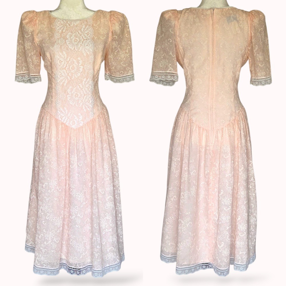 Vintage Gunne Sax Pink Lace Midi Dress Size 11 Romantic Prairie‎ Cottage Basque